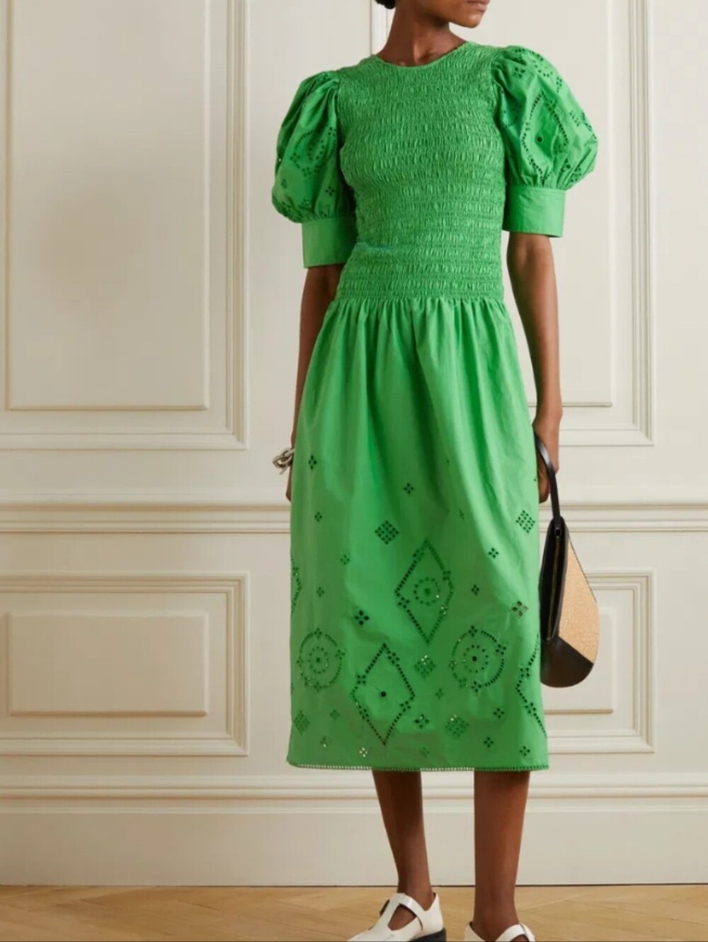 Ganni Broderie Anglaise Smocked Bodice Puff Sleeve Midi Dress